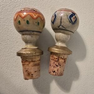 Vintage Set 2 Hand Painted Etched Marble Stone Wine Bottle Stoppers